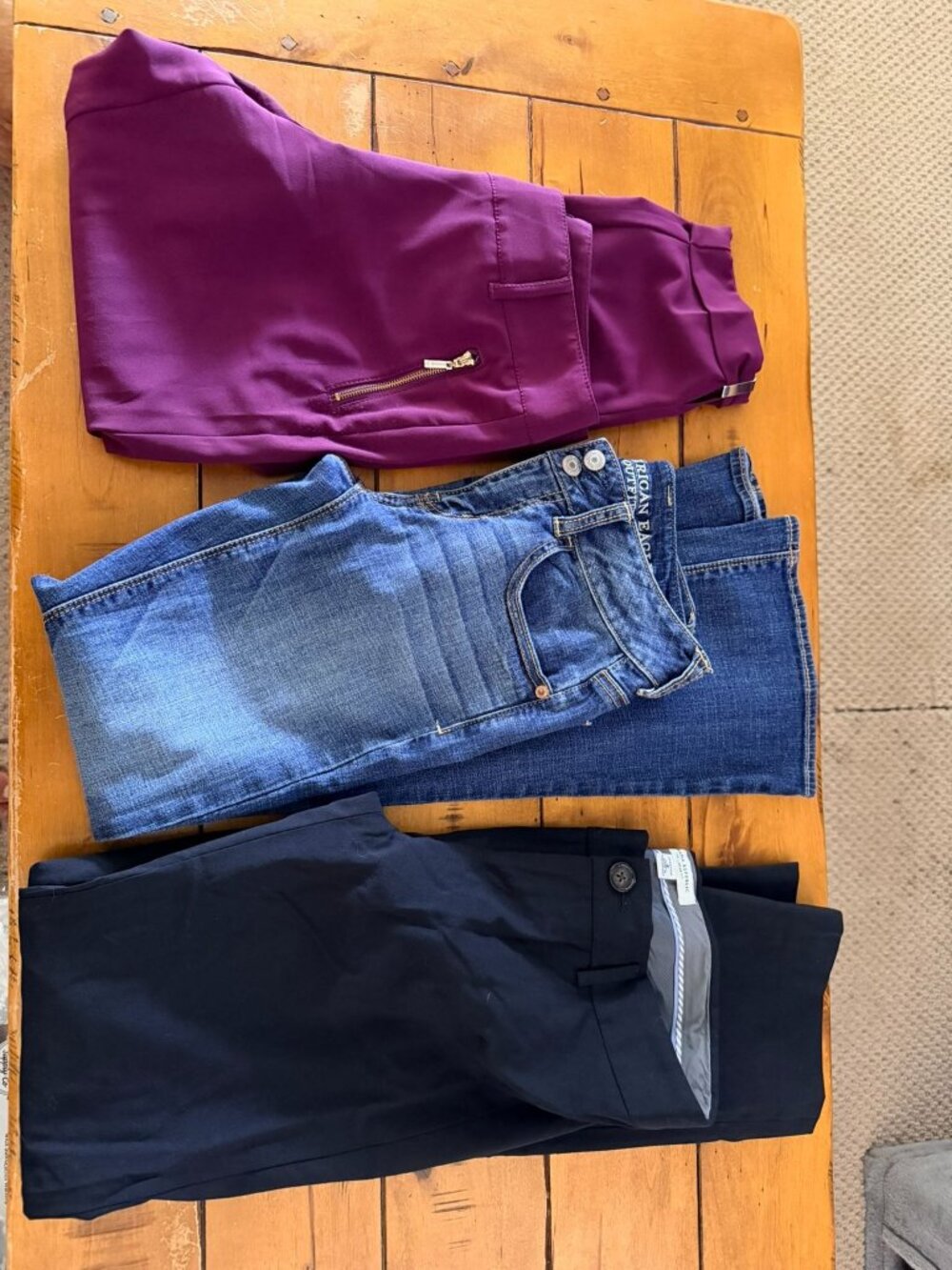 Three Womens Pants: Purple Zippered Dress Pants American Eagle Jeans Black Trous